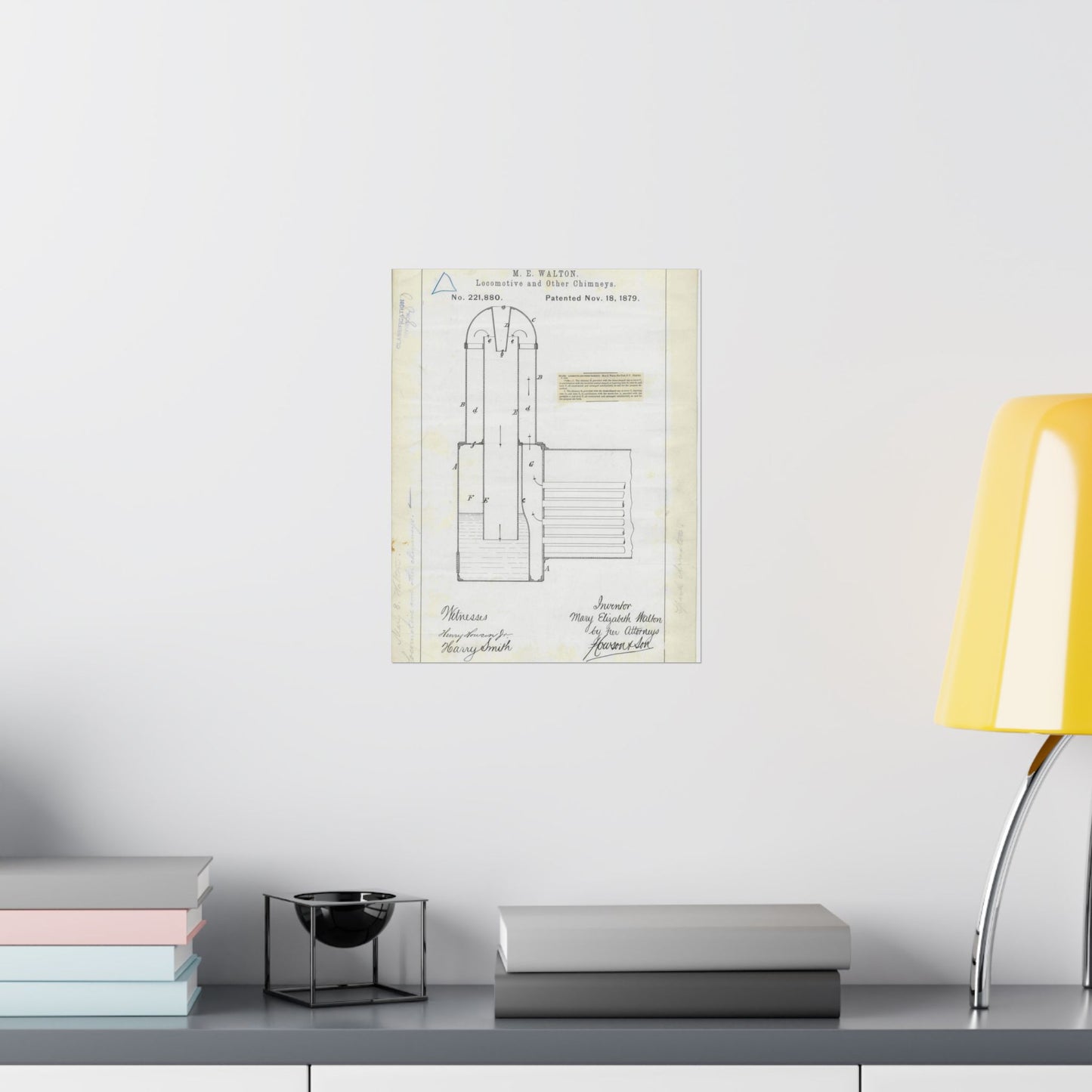 Patent Drawing of Engine - for M. E. Walton's Locomotive and Other Chimneys Public domain  image High Quality Matte Wall Art Poster for Home, Office, Classroom
