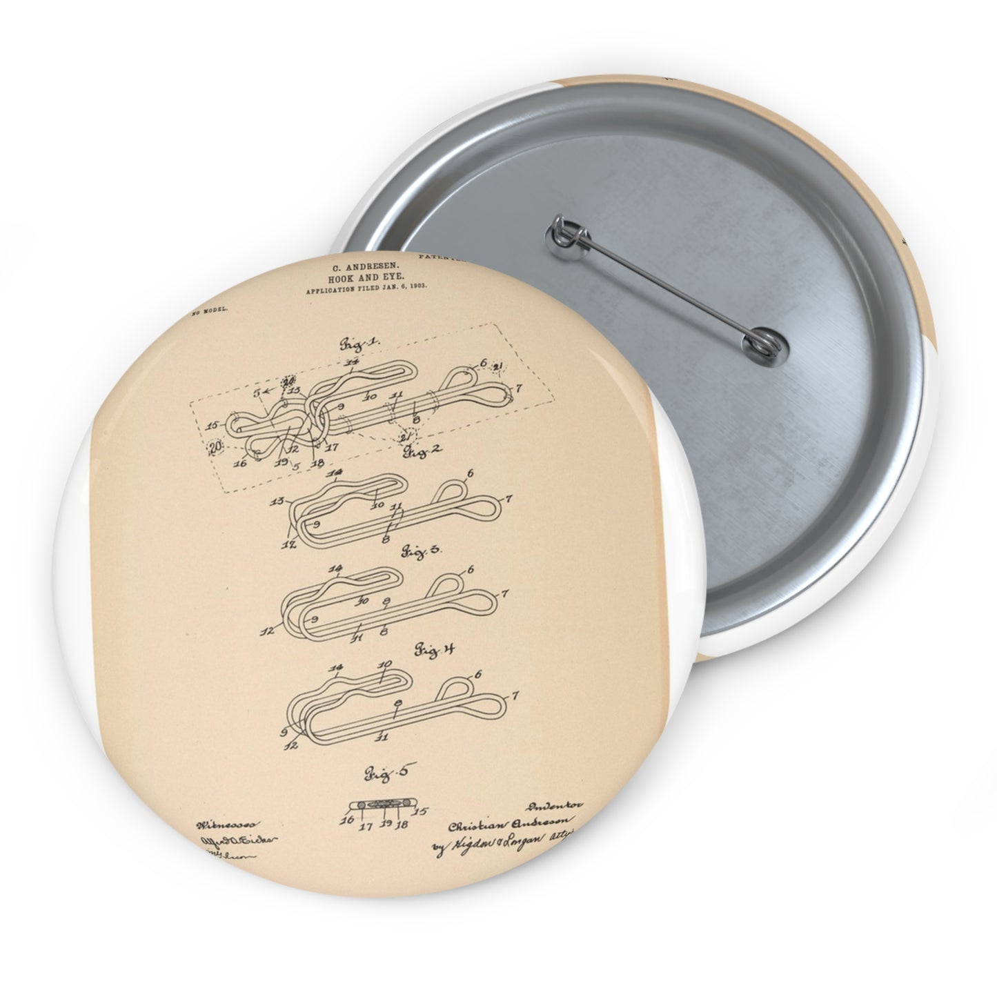 Patent drawing - for a Hook and Eye Fastener Public domain  image Pin Buttons with Crisp Design