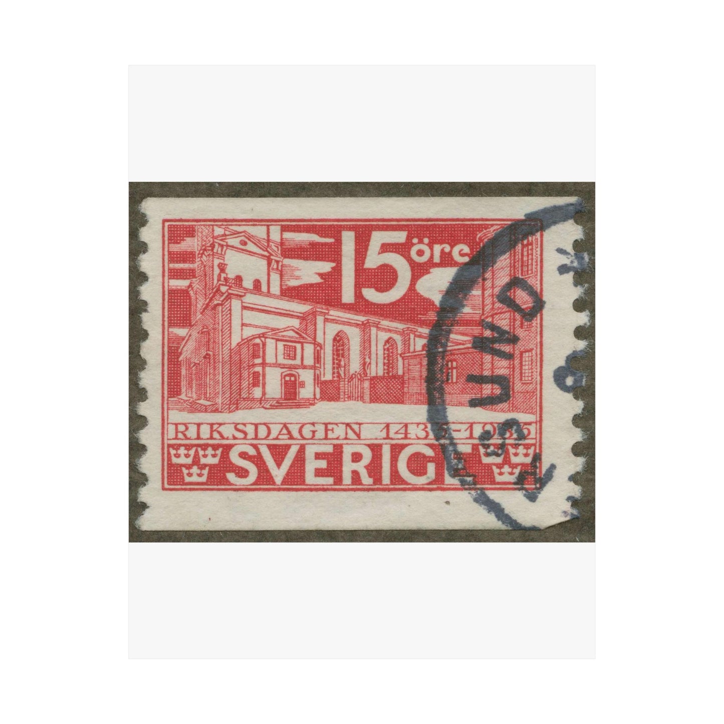 Frimärke ur Gösta Bodmans filatelistiska motivsamling, påbörjad 1950.Frimärke från Sverige. Motiv av Storkyrkan i Stockholm. "Den svenska riksdagen 500 år 1435-1935". High Quality Matte Wall Art Poster for Home, Office, Classroom