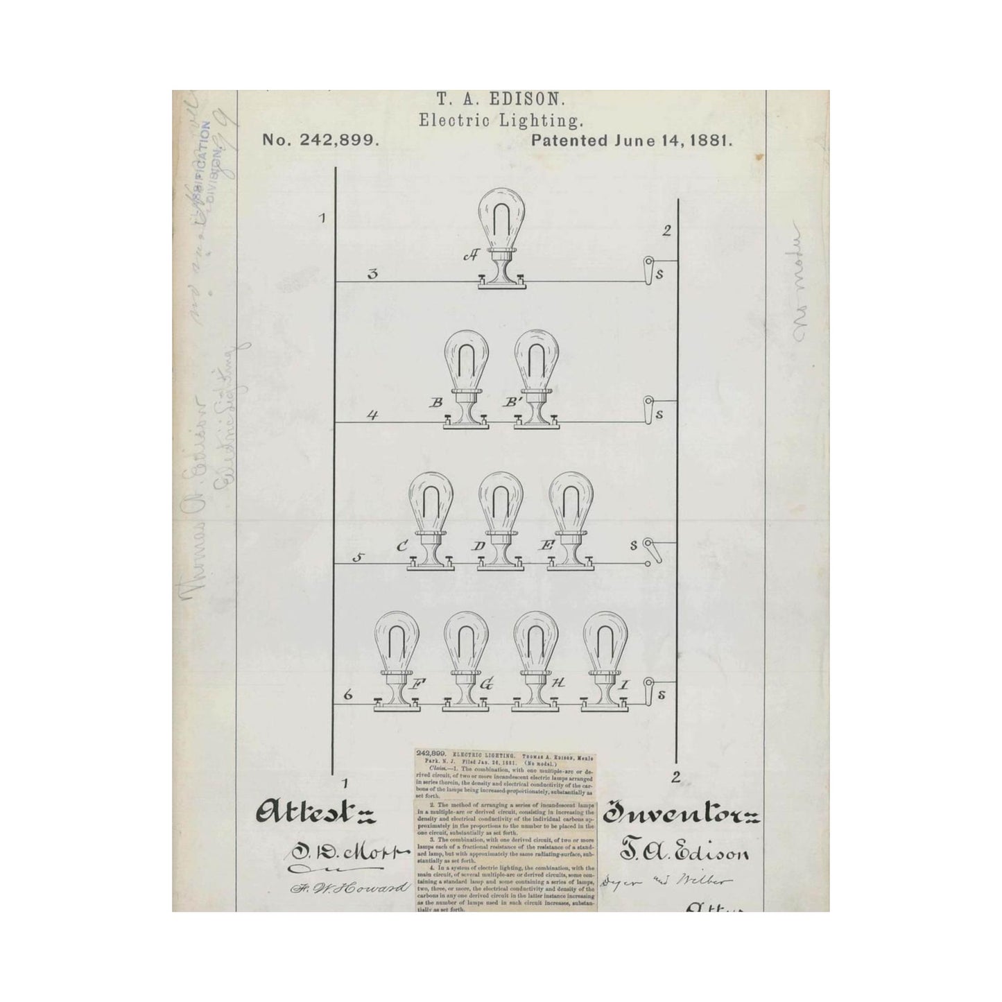 Patent drawing - for T. A. Edison's Electric Lighting Public domain  image High Quality Matte Wall Art Poster for Home, Office, Classroom