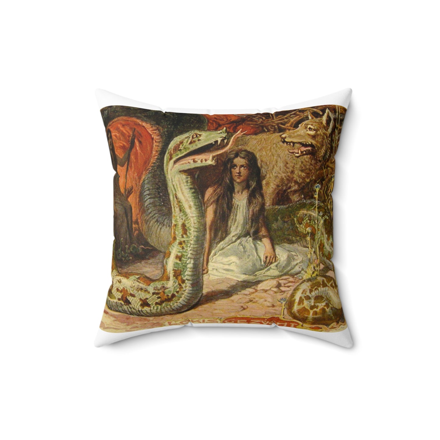 Lokis Gezücht - A painting of a woman sitting in front of a snake Decorative Accent Square Pillow