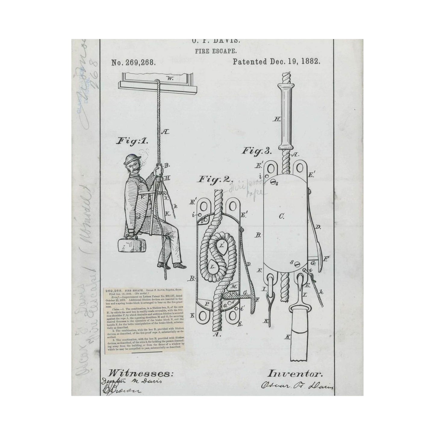 Patent Drawing of Engine - for O. F. Davis' Fire Escape Public domain  image High Quality Matte Wall Art Poster for Home, Office, Classroom