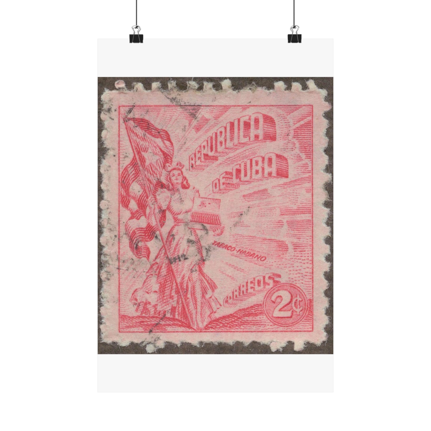 Frimärke ur Gösta Bodmans filatelistiska motivsamling, påbörjad 1950.Frimärke från Cuba, 1948. Motiv av kvinnosymbol för friheten med cigrarrlåda och flagga. High Quality Matte Wall Art Poster for Home, Office, Classroom