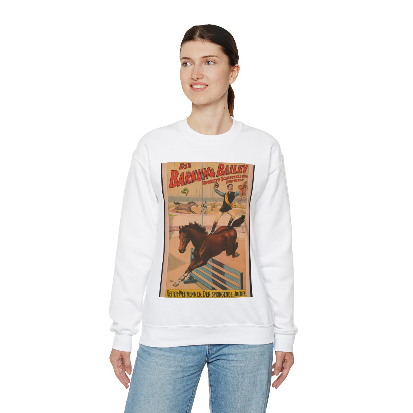 Die Barnum & Bailey groesste schaustellung der welt Reiter-wettrennen. Der Springende jockey.. White Heavy Blend Adult Crew Neck SweatShirt