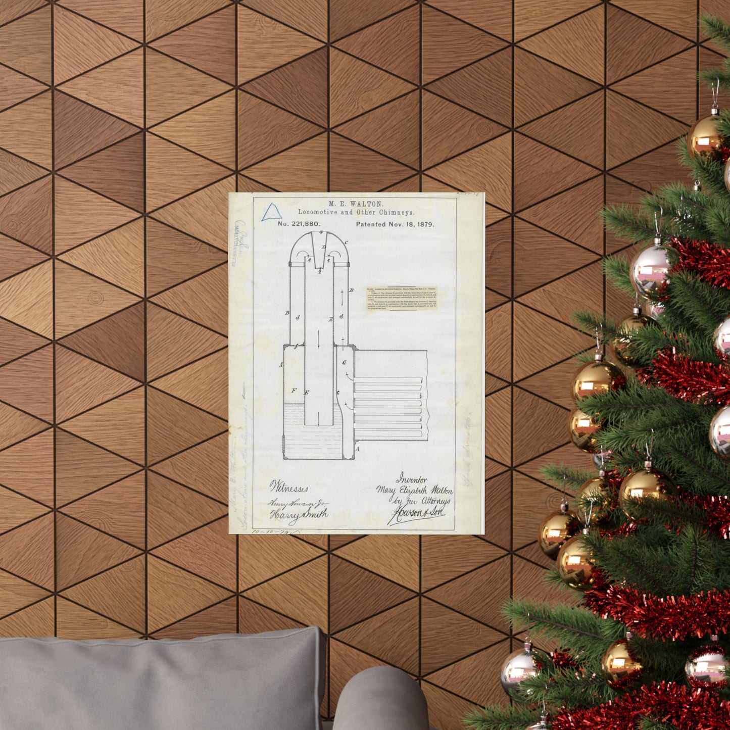 Patent Drawing of Engine - for M. E. Walton's Locomotive and Other Chimneys Public domain  image High Quality Matte Wall Art Poster for Home, Office, Classroom