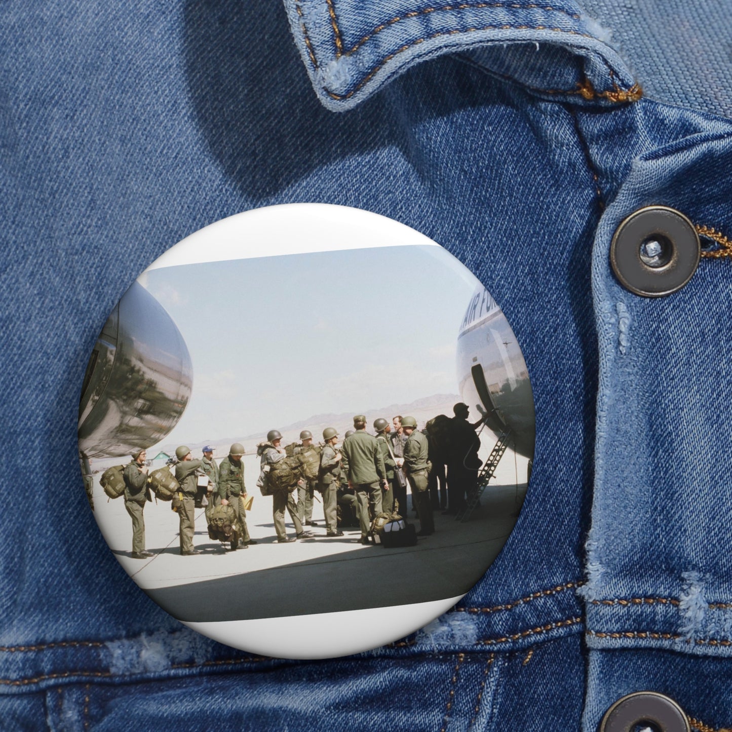 Troops embark a C-141 Starlifter aircraft during exercise Team Spirit (Coronet Spray) Pin Buttons with Crisp Design