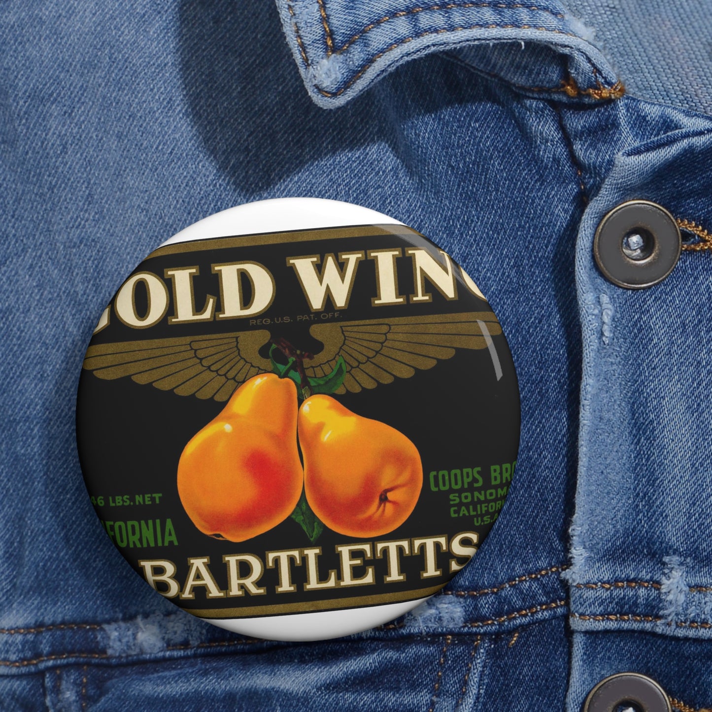 Gold Wing: Bartletts, California, Coops Bros., Sonoma, California, U.S.A. Pin Buttons with Crisp Design