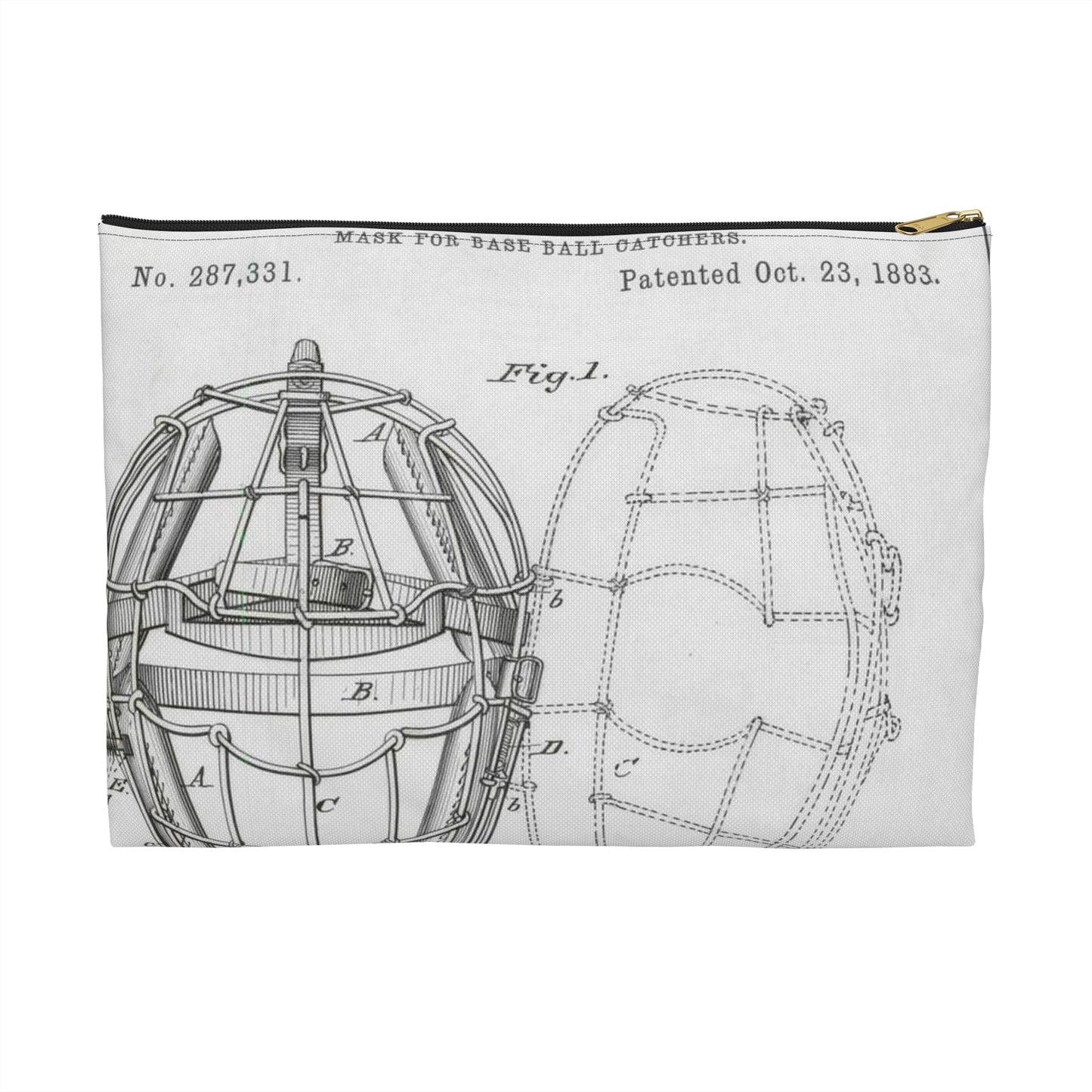 Patent drawing - Drawing of a "Mask for Base Ball Catchers" Public domain  image Large Organizer Pouch with Black Zipper