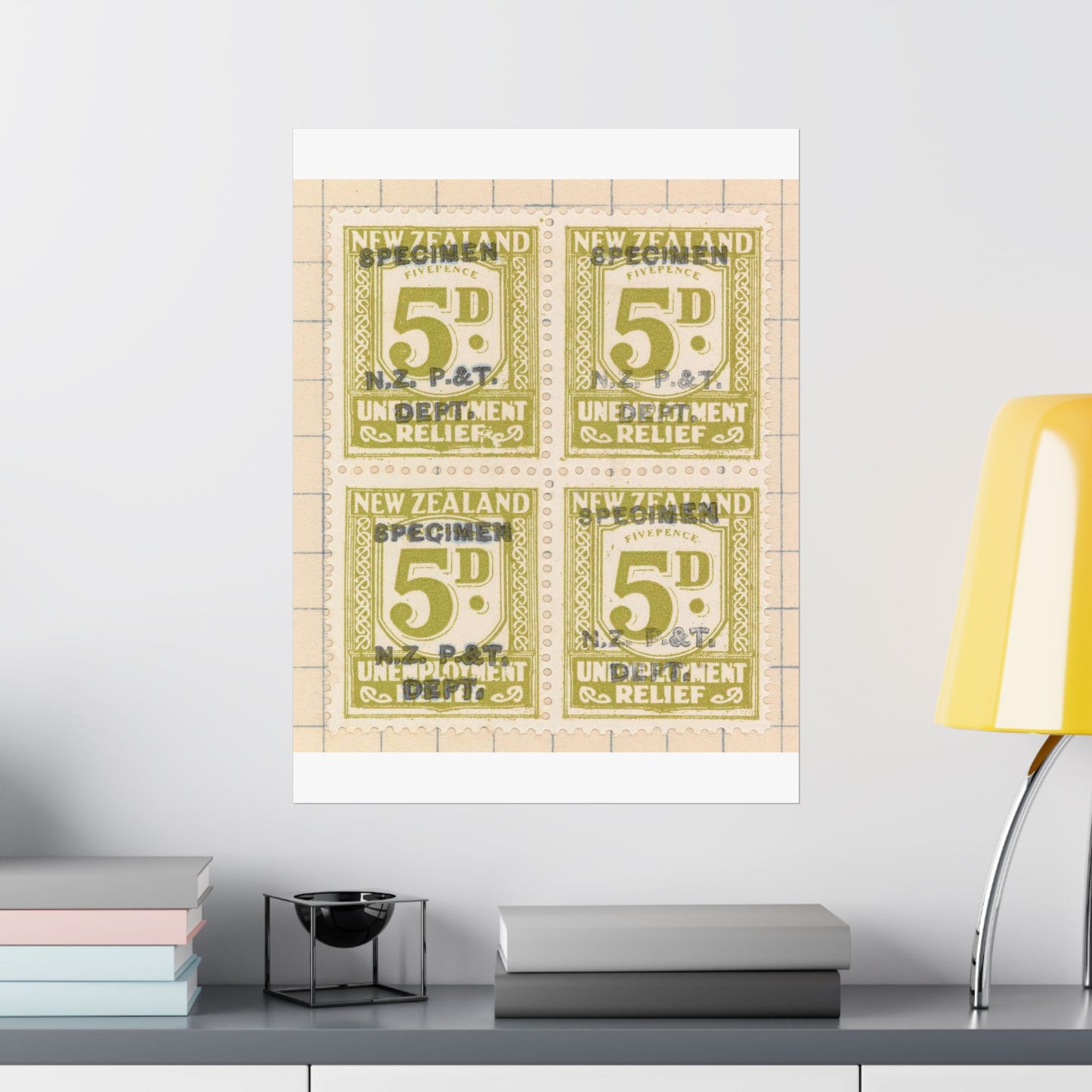 Block of five penny Unemployment Relief stamps overprinted 'Specimen' High Quality Matte Wall Art Poster for Home, Office, Classroom