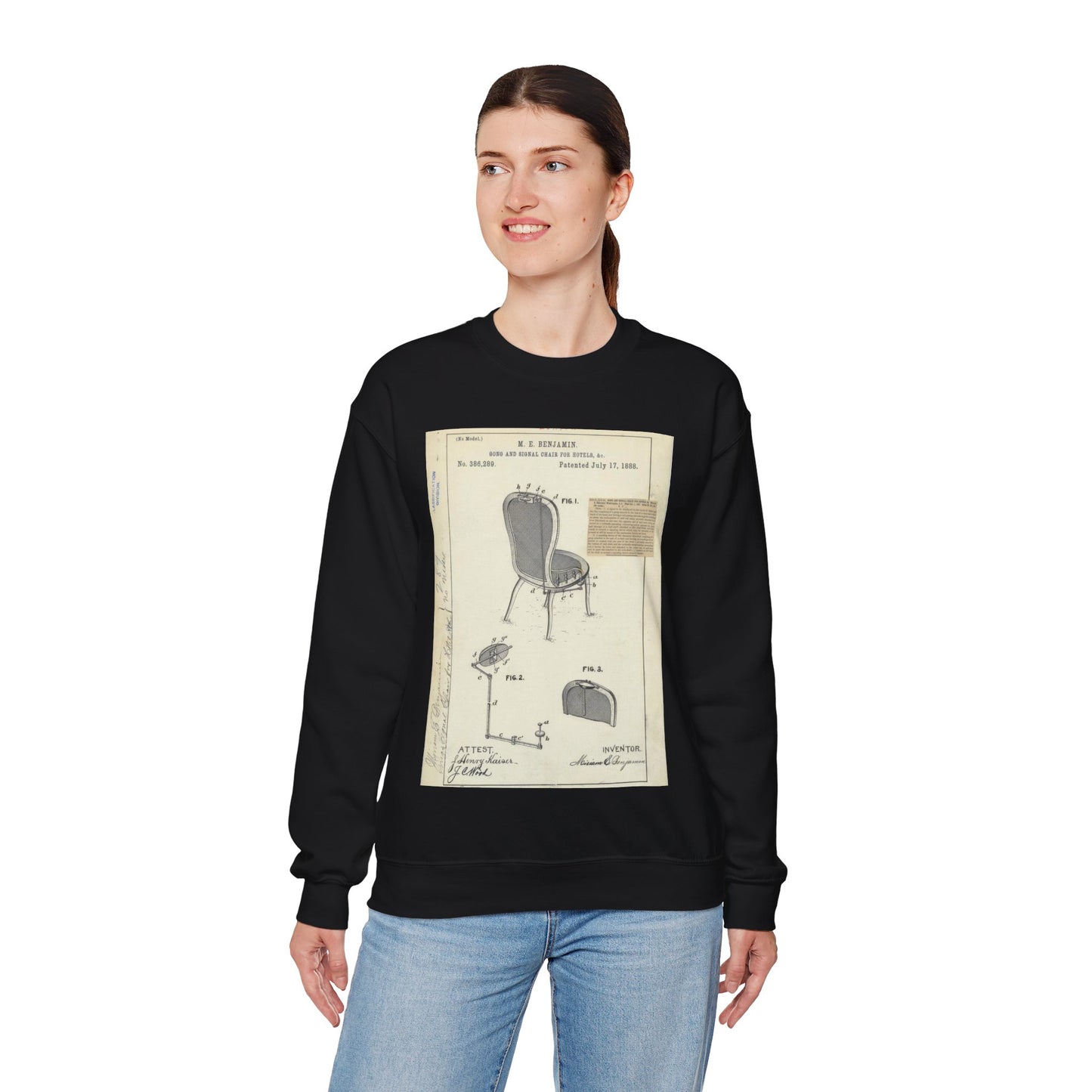 Patent drawing - for M. E. Benjamin's Gong and Signal Chair for Hotels Public domain  image Black Heavy Blend Adult Crew Neck SweatShirt