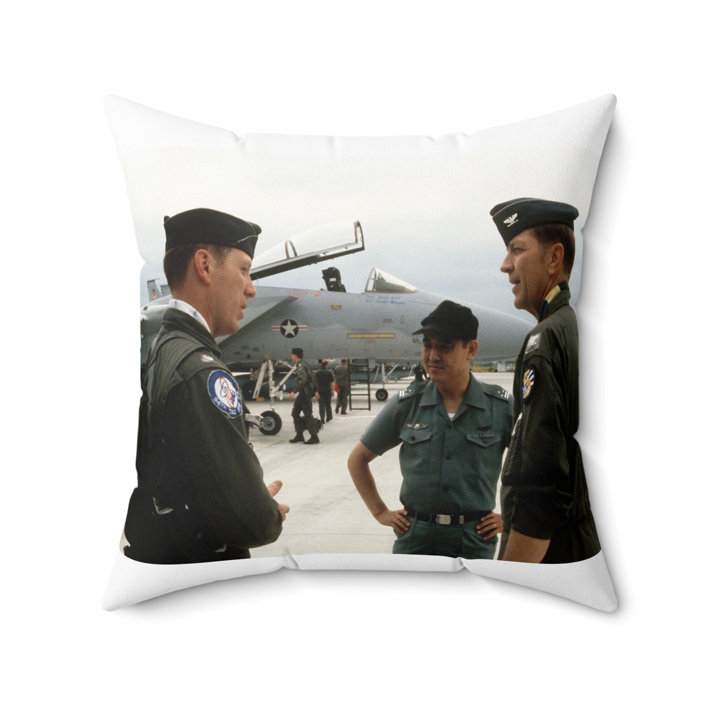 Upon his arrival, LTC Tom Barber (left), is greeted by Exercise Cope North '81-3 directors, COL George Peacock and Japanese Air SelF Defense Force COL V. Nomura Decorative Accent Square Pillow