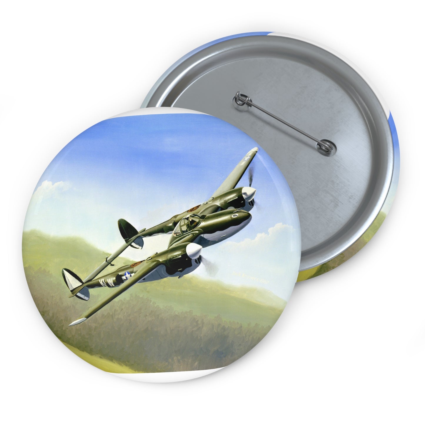 Artwork: "P-38 Lightning Artist: Dick Kramer (US Air Force Art Collection) Pin Buttons with Crisp Design