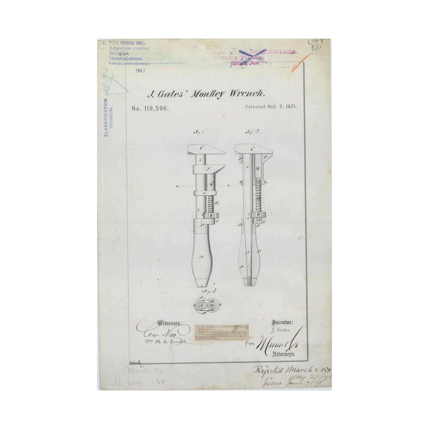 Patent Drawing of Engine - for J. Gates' Monkey Wrench Public domain  image High Quality Matte Wall Art Poster for Home, Office, Classroom