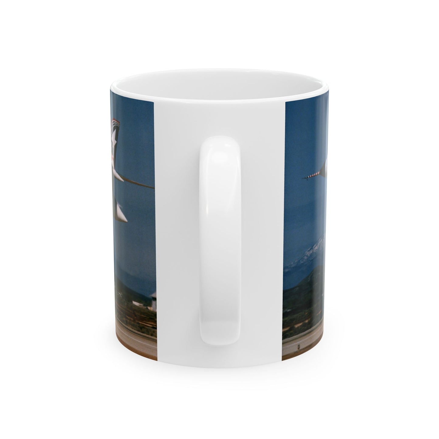 A left side view of the B-1B test program aircraft, originally the No. 2 B-1 prototype, landing after a test flight Beautiful Novelty Ceramic Coffee Mug 11oz