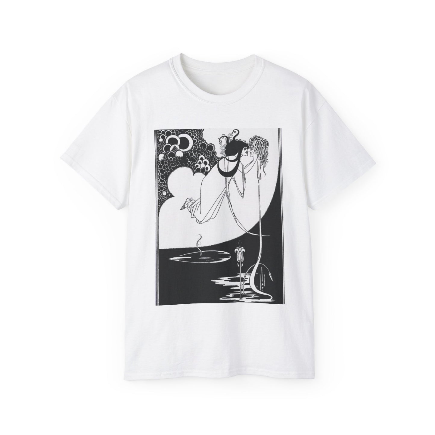 Beardsley apotheose - A black and white drawing of a woman in a dress White T-Shirt Gildan 2000 Cotton Unisex