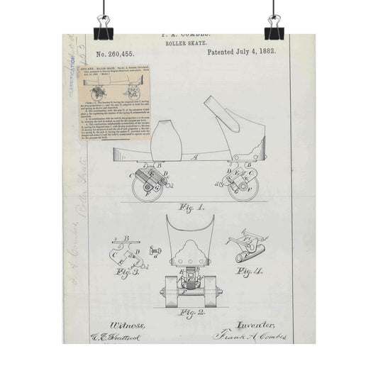 Patent drawing - for F. A. Combes' Roller Skate Public domain  image High Quality Matte Wall Art Poster for Home, Office, Classroom