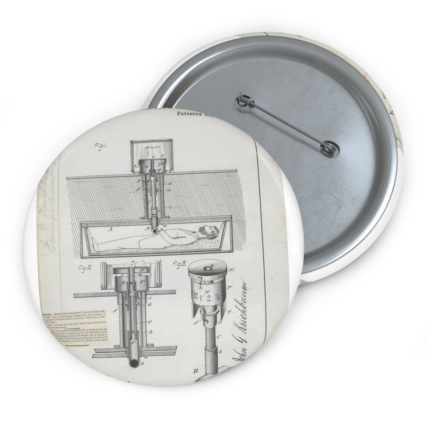 Patent drawing - for J. G. Krichbaum's Device for Indicating Life in Buried Persons Public domain  image Pin Buttons with Crisp Design