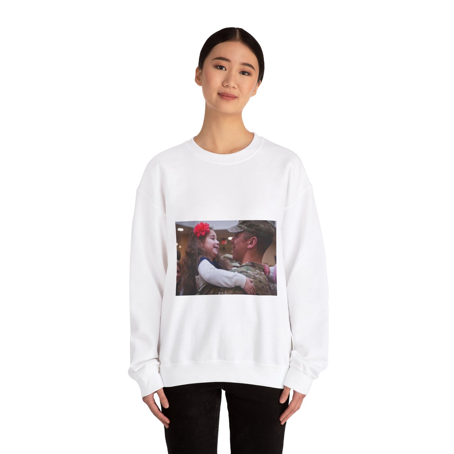 Olivia Settles greets her dad, 1st Lt. James Settles, White Heavy Blend Adult Crew Neck SweatShirt