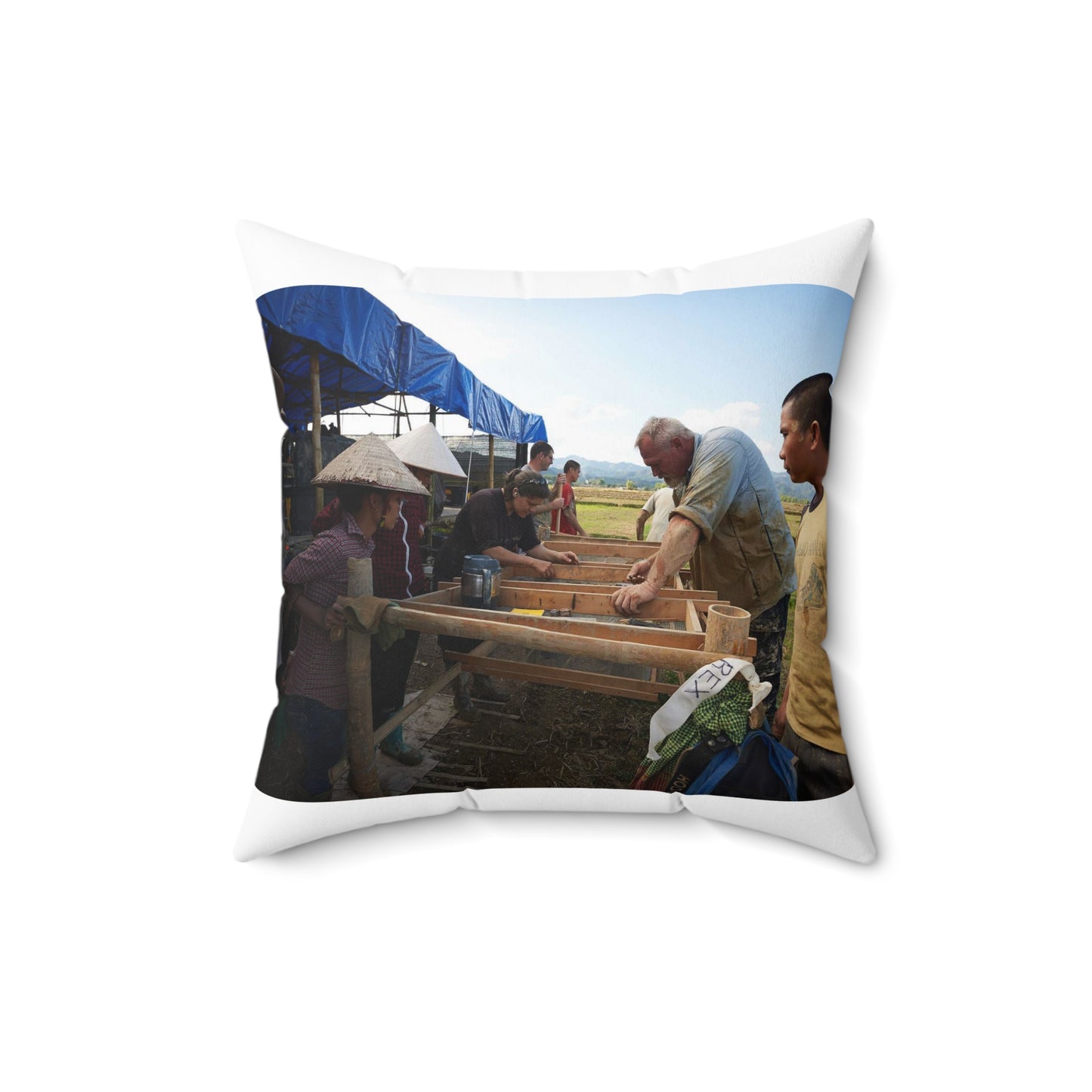 Local workers gather around Dr. Kimberly Maeyama, Defense Decorative Accent Square Pillow