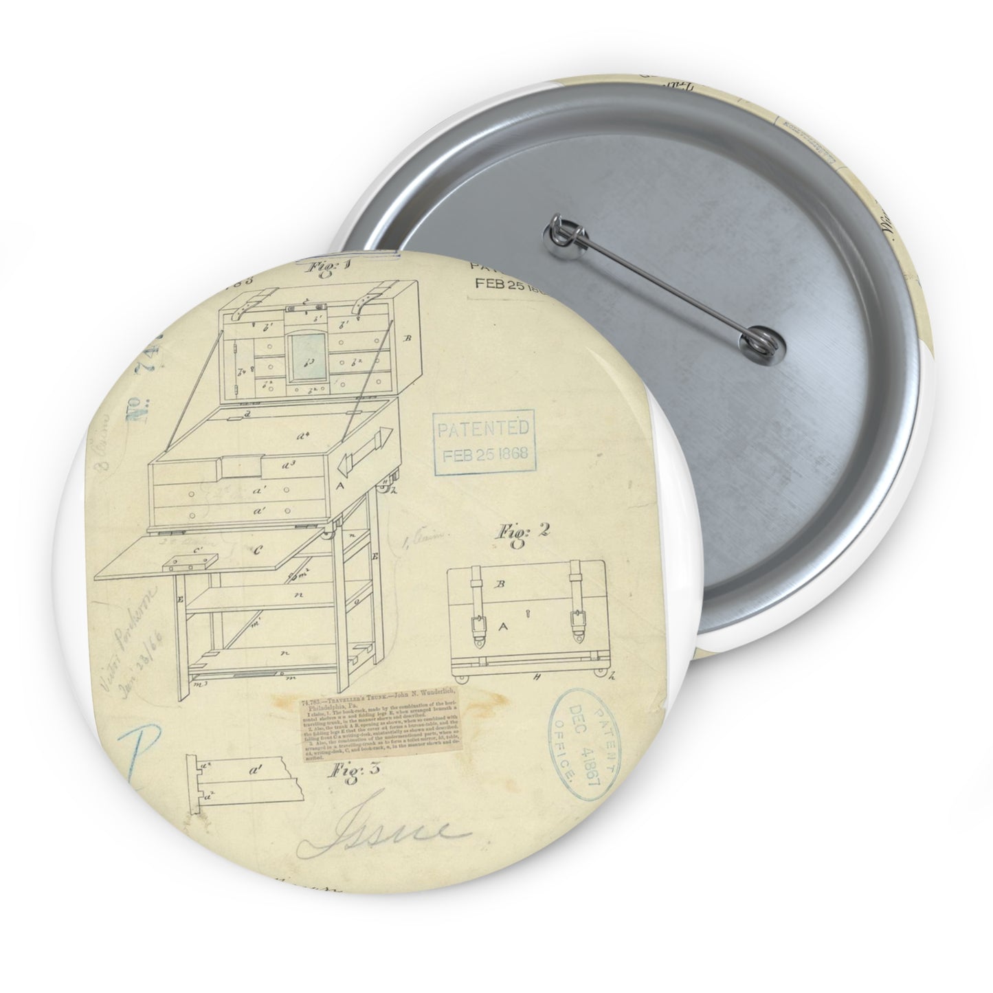 Patent Drawing of Engine - Drawing of a Travelers Trunk Public domain  image Pin Buttons with Crisp Design