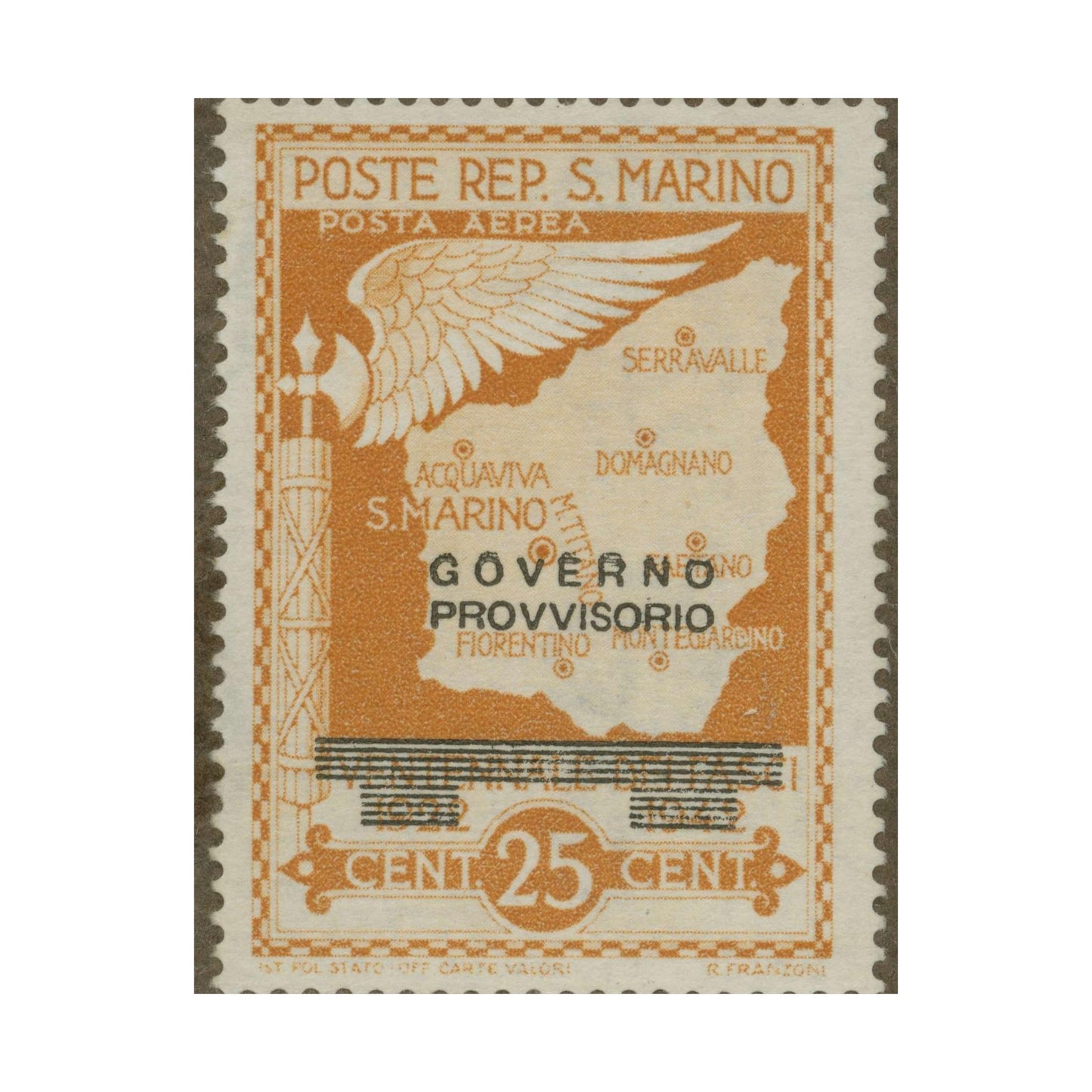 Frimärke ur Gösta Bodmans filatelistiska motivsamling, påbörjad 1950.Frimärke från San Marino, 1943. Motiv av karta över San Marino. Flygsymbol. "Minne av statskuppen 28 juli 1943". High Quality Matte Wall Art Poster for Home, Office, Classroom