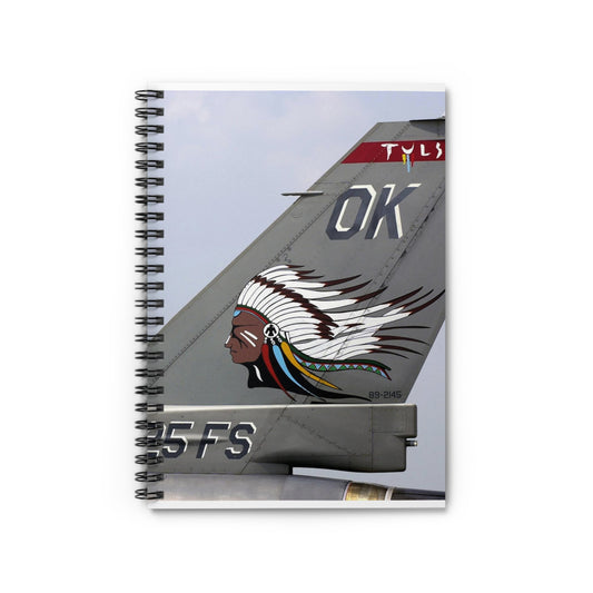 The tail flash of a F-16 Fighting Falcon aircraft from the 125th Fighter Squadron (FS), 138th Fighter Wing (FW), Oklahoma (OK), Air National Guard (ANG) Spiral Bound Ruled Notebook with Printed Cover