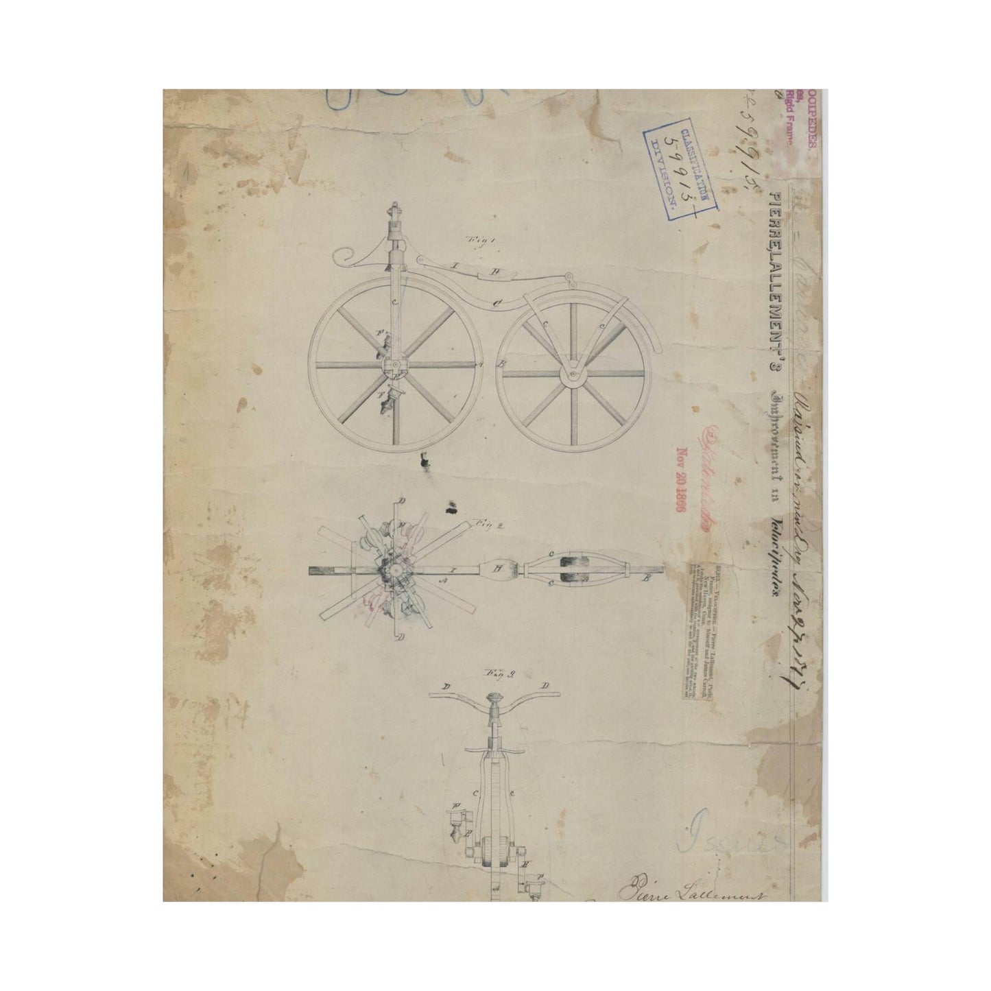 Patent drawing - for Pierre Lallement's Improvement in Velocipedes Public domain  image High Quality Matte Wall Art Poster for Home, Office, Classroom
