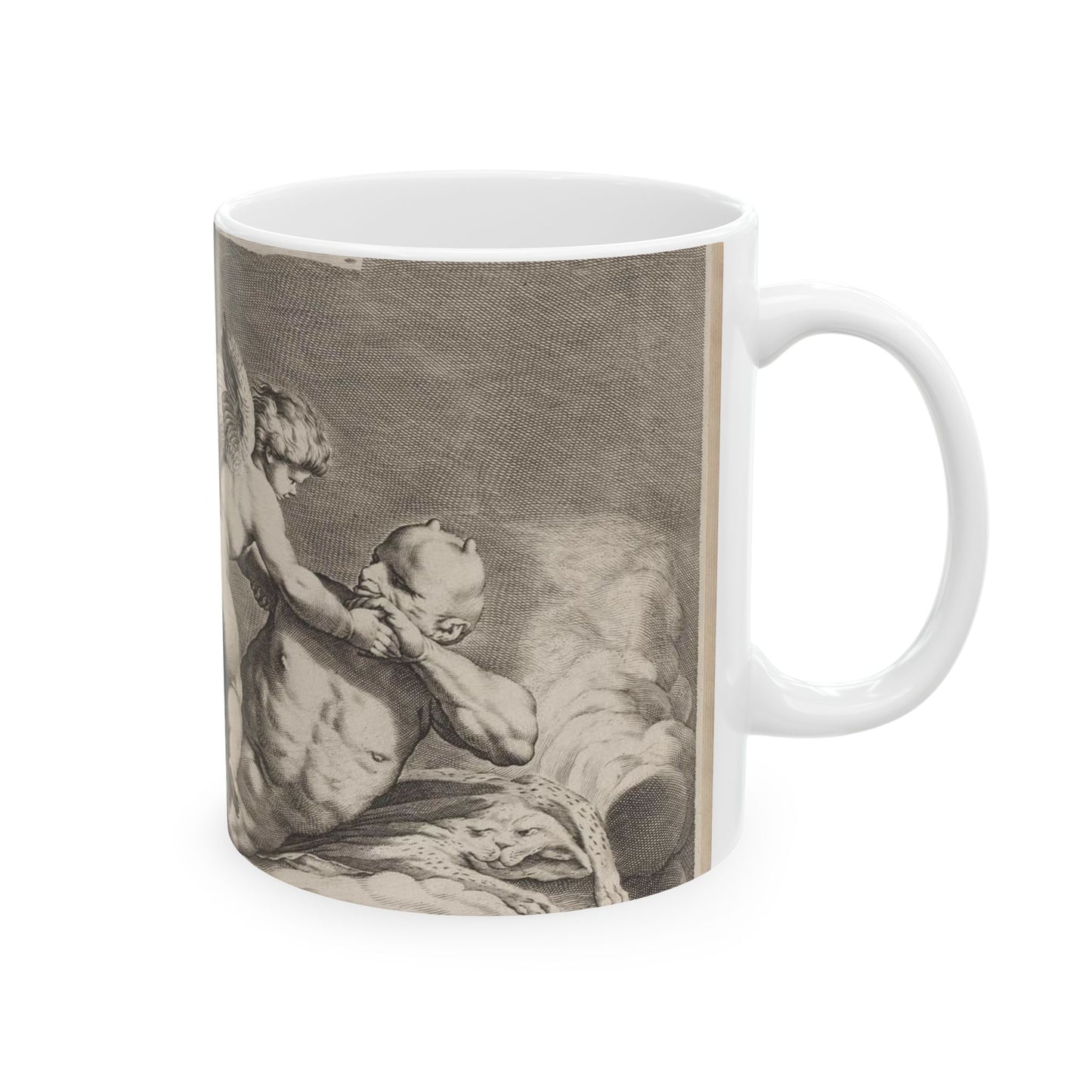 Cupid wrestling with Pan, amongst the clouds, with two allegorical women seated at left Beautiful Novelty Ceramic Coffee Mug 11oz