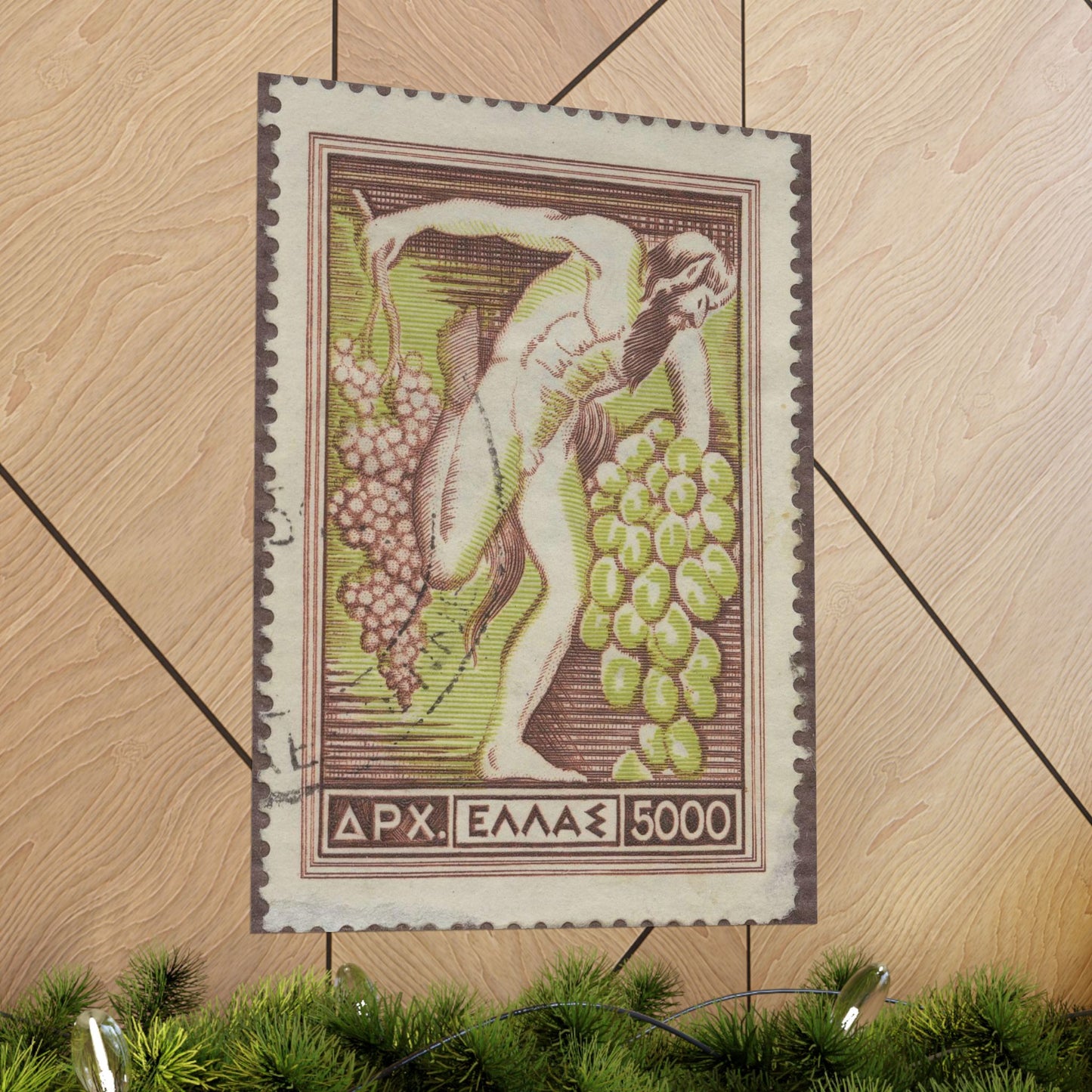 Frimärke ur Gösta Bodmans filatelistiska motivsamling, påbörjad 1950.Frimärke från Grekland, 1953. Motiv av Bacchus med vindruvsklasar. High Quality Matte Wall Art Poster for Home, Office, Classroom