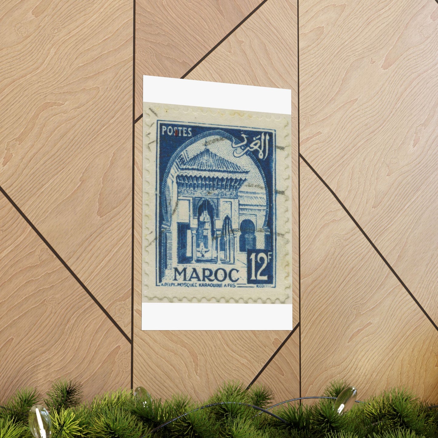 Frimärke ur Gösta Bodmans filatelistiska motivsamling, påbörjad 1950.Frimärke från Franska Marocko, 1951. Motiv av moskéen Karaouin. High Quality Matte Wall Art Poster for Home, Office, Classroom