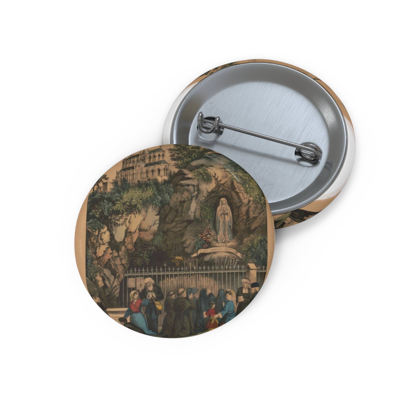 Pilgrims at the Shrine of Our Lady of Lourdes Pin Buttons with Crisp Design