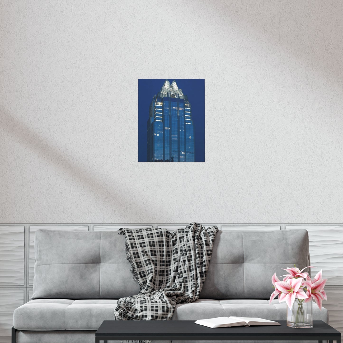 The upper reaches of Frost Bank Tower, a prominent Austin, Texas, skyscraper High Quality Matte Wall Art Poster for Home, Office, Classroom