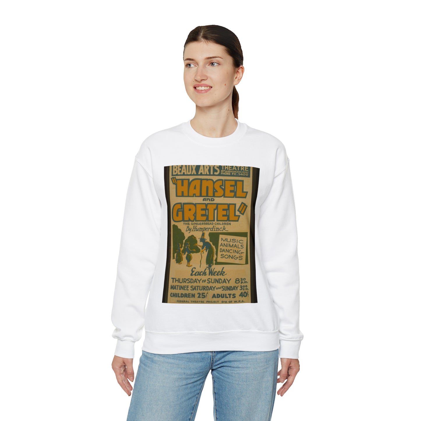 "Hansel and Gretel," the gingerbread children by Humperdinck Music, animals, dancing, songs. White Heavy Blend Adult Crew Neck SweatShirt