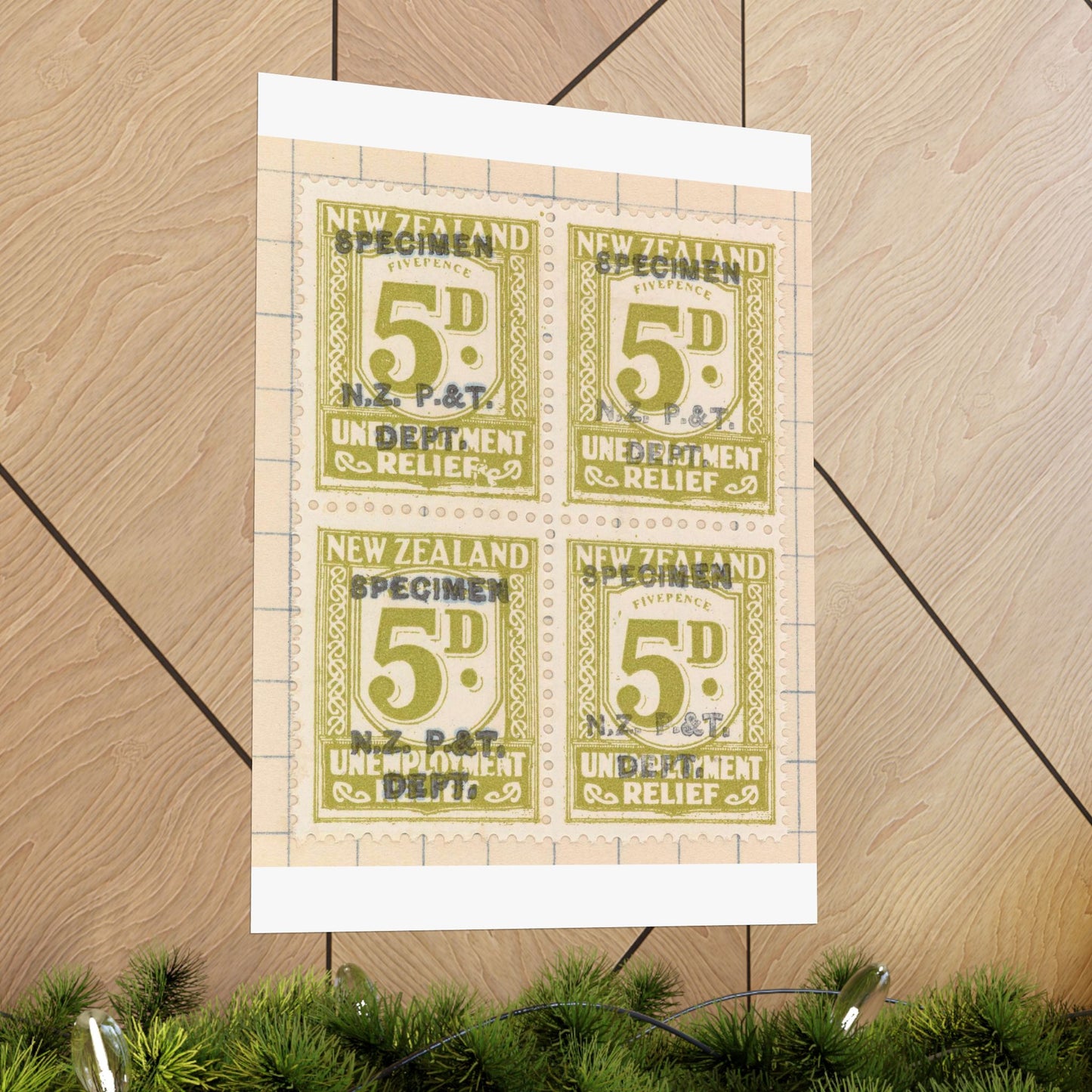 Block of five penny Unemployment Relief stamps overprinted 'Specimen' High Quality Matte Wall Art Poster for Home, Office, Classroom