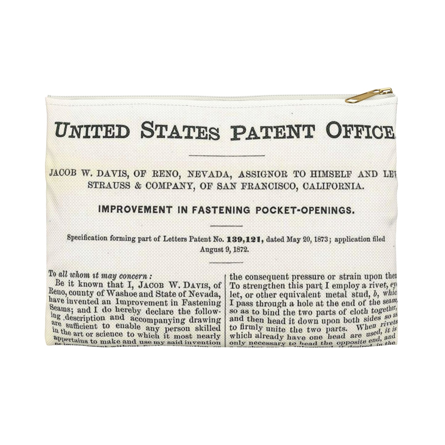 Patent Case File No. 139,121, Improvement in Fastening Pocket Openings, Inventor- Jacob W. Davis - DPLA - afb017b06366ded5b3d9735cb413b735 (page 29) Large Organizer Pouch with Black Zipper