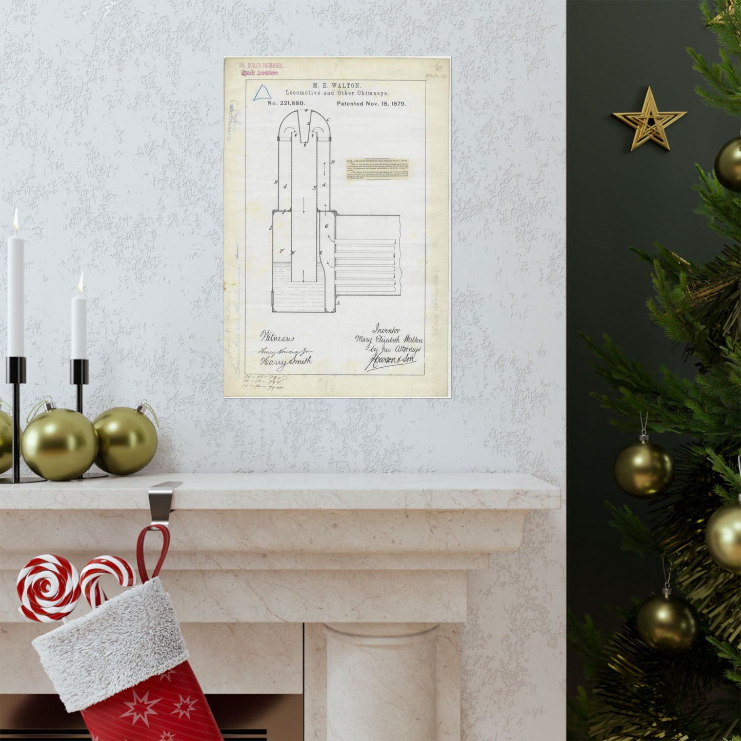 Patent Drawing of Engine - for M. E. Walton's Locomotive and Other Chimneys Public domain  image High Quality Matte Wall Art Poster for Home, Office, Classroom