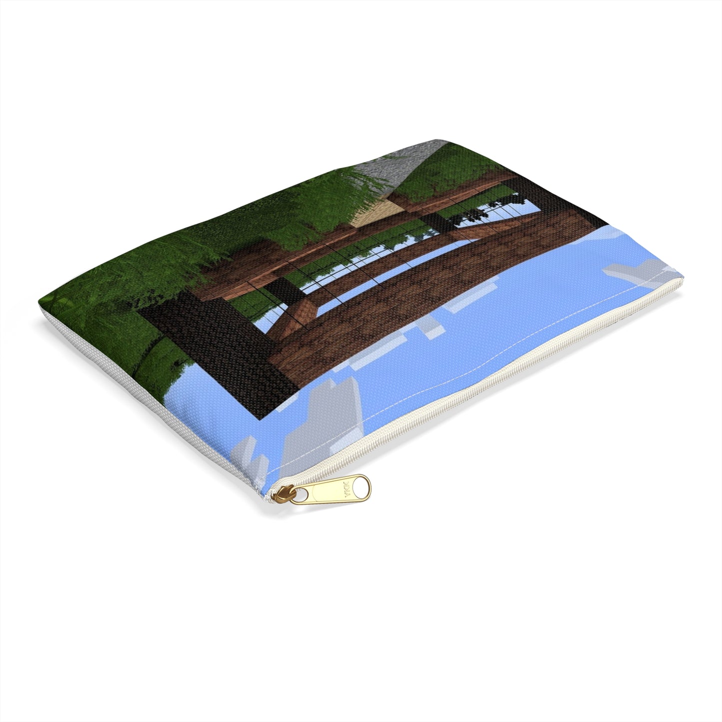 A bench in the middle of a field. Minecraft video game sky. Large Organizer Pouch with Black Zipper