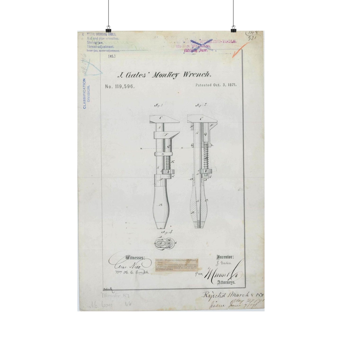 Patent Drawing of Engine - for J. Gates' Monkey Wrench Public domain  image High Quality Matte Wall Art Poster for Home, Office, Classroom