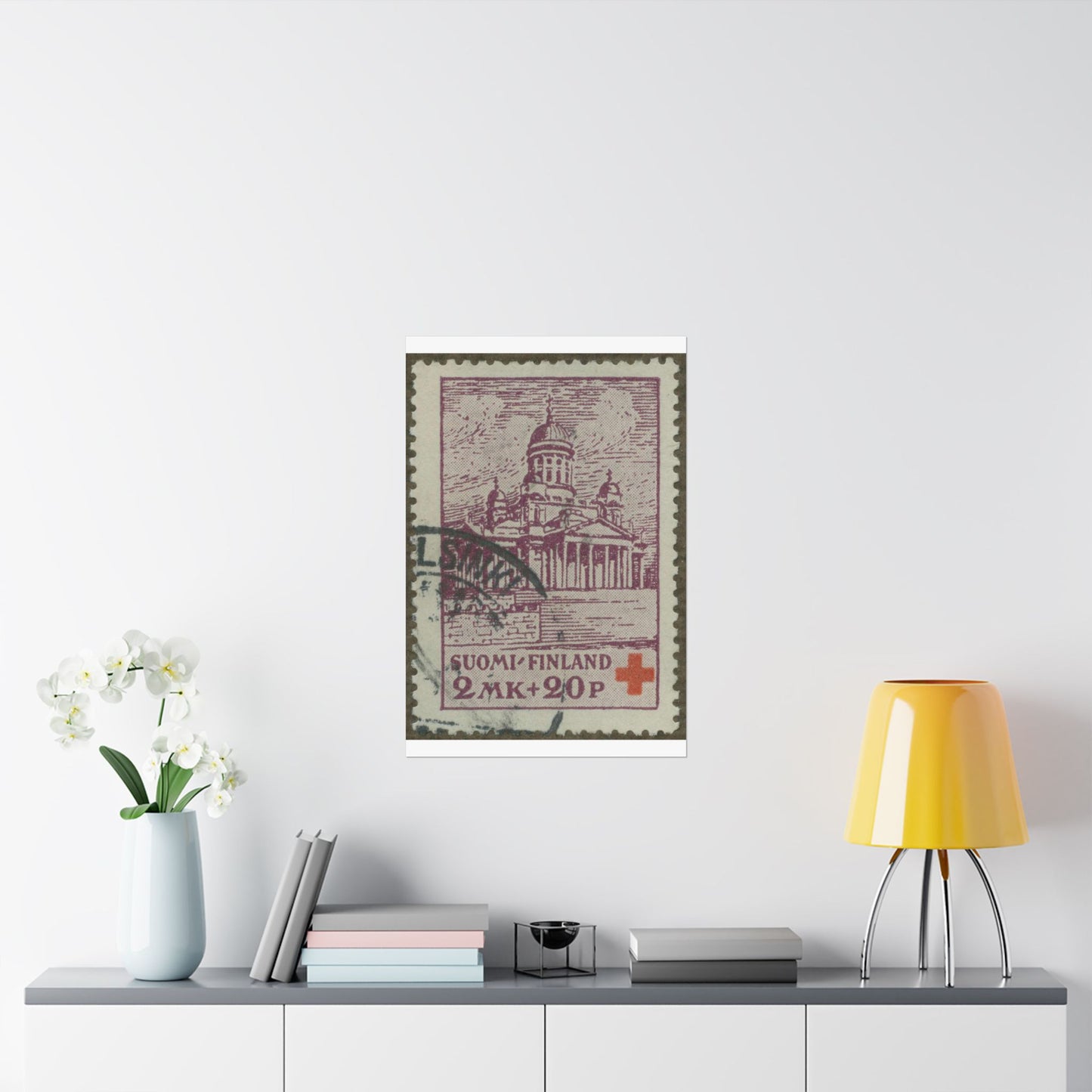 Frimärke ur Gösta Bodmans filatelistiska motivsamling, påbörjad 1950.Frimärke från Finland 1932. Motiv av St. Nicolaus Katedralen i Helsningfors. High Quality Matte Wall Art Poster for Home, Office, Classroom