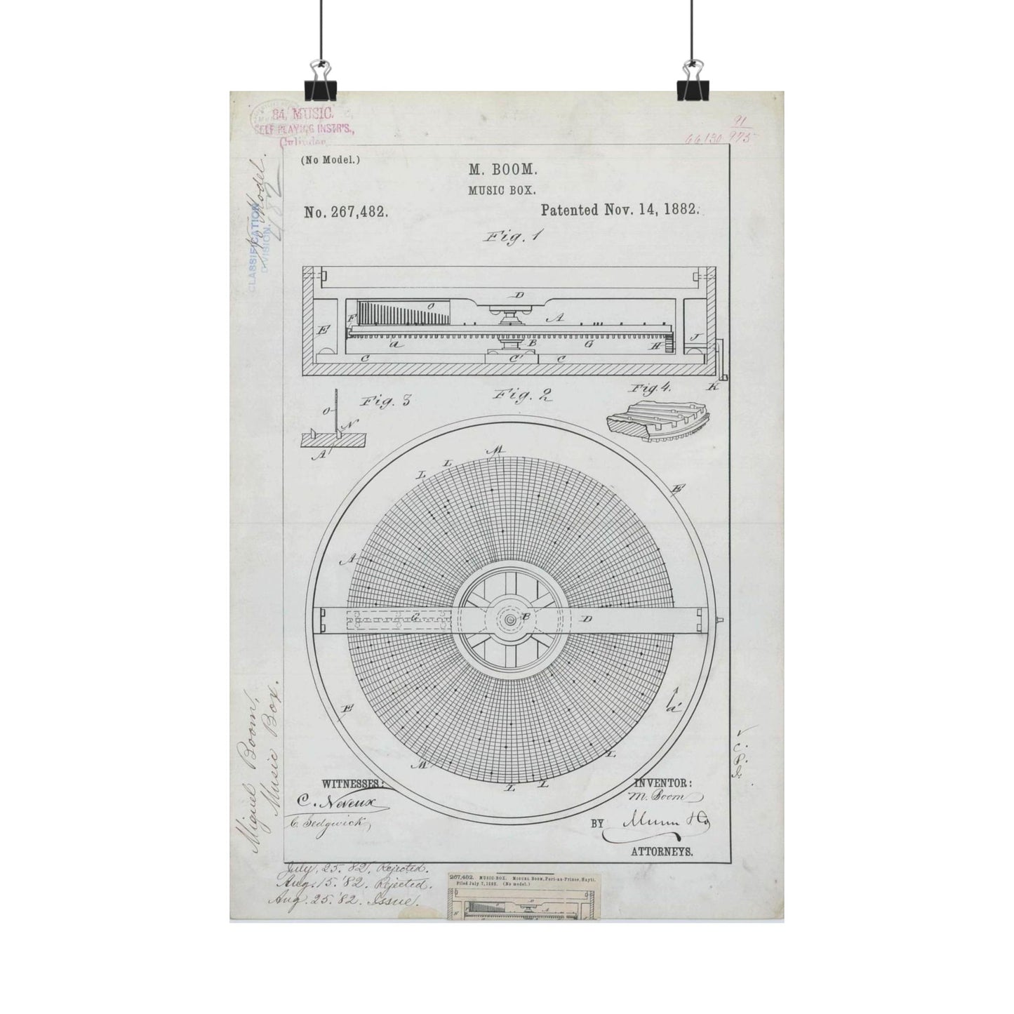 Patent Drawing of Engine - for M. Boom's Music Box Public domain  image High Quality Matte Wall Art Poster for Home, Office, Classroom