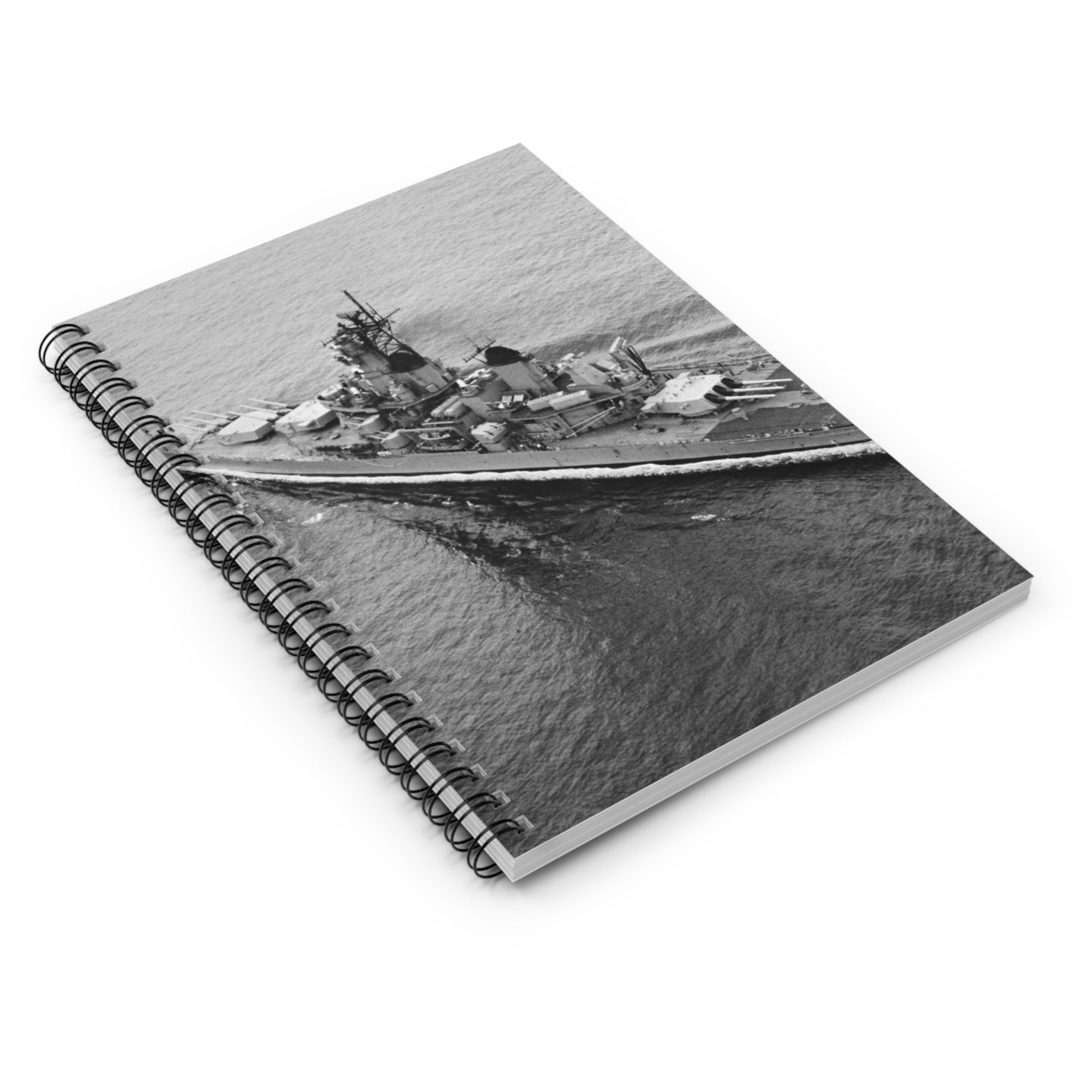 An elevated port quarter view of the battleship USS IOWA (BB 61) underway during sea trials Spiral Bound Ruled Notebook with Printed Cover