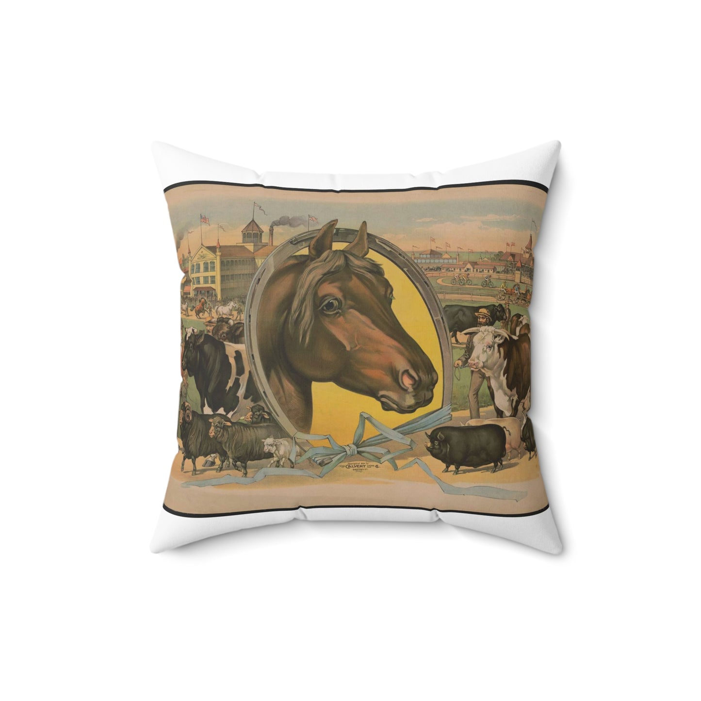 Horse framed by a horseshoe with fair buildings and a racetrack in the background Decorative Accent Square Pillow