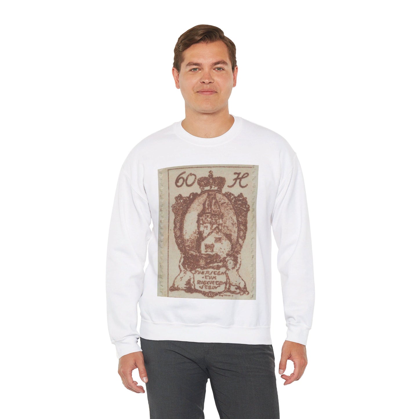 Frimärke ur Gösta Bodmans filatelistiska motivsamling, påbörjad 1950.Frimärke från Liechtenstein, 1920. Motiv av Röda Tornet i Vaduz. White Heavy Blend Adult Crew Neck SweatShirt