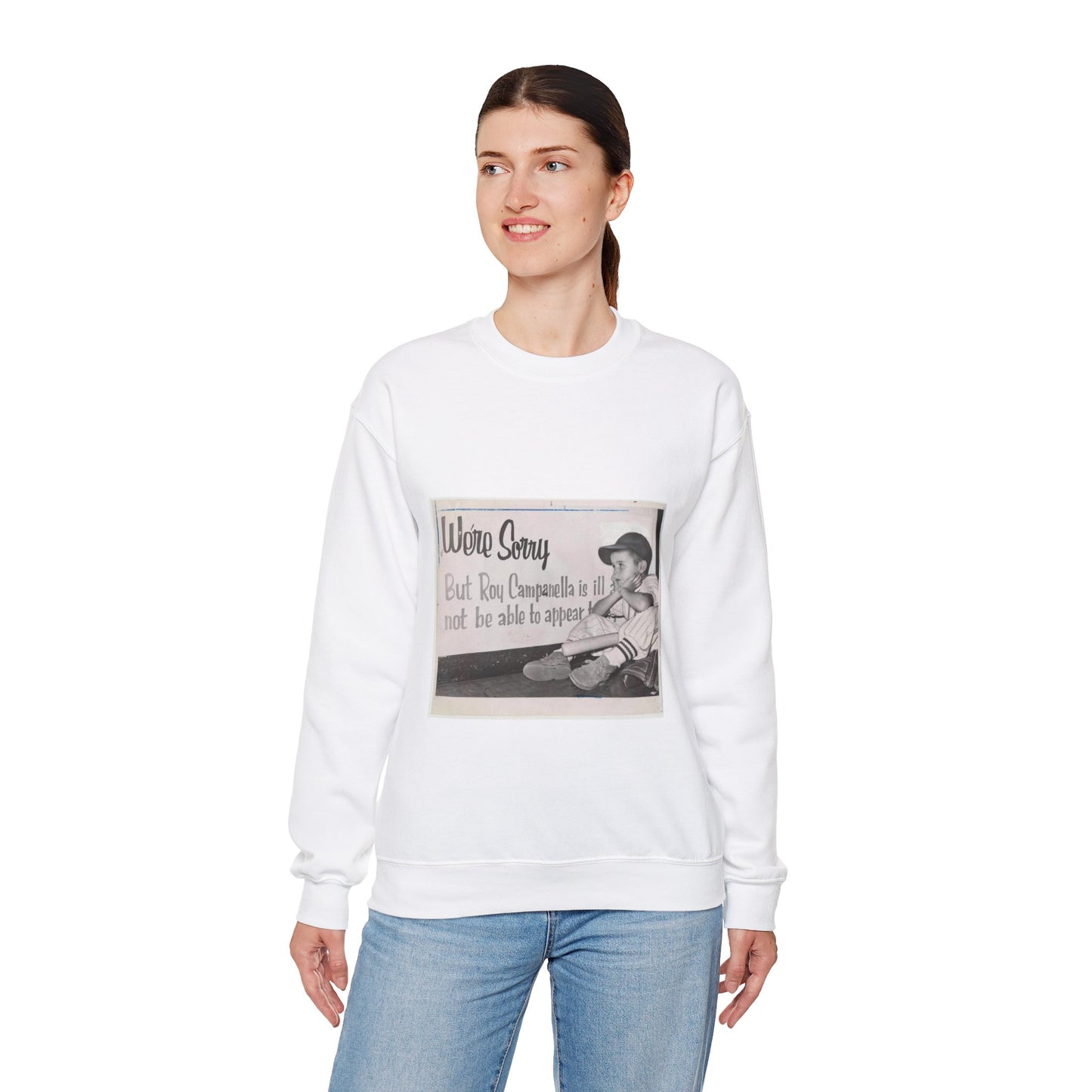 "We're sorry, but Roy Campanella is ill a[nd ...] not be able to appear [...] / World Telegram & Sun photo by Roger Higgins. White Heavy Blend Adult Crew Neck SweatShirt