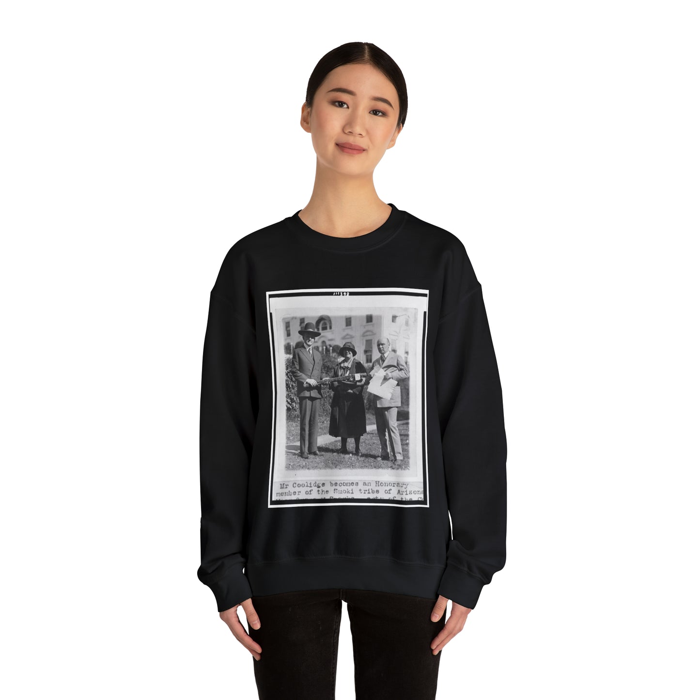 Mr. Coolidge becomes an honorary member of the Smoki [i.e., Hopi] tribe of Arizona--Miss Grace M. Sparks, Secty. of the Chamber of Commerce of Prescott, Ariz. and H.M. Watkins, Secty. of the Chamber of Phoenix Black Heavy Blend Adult Crew Neck SweatShirt