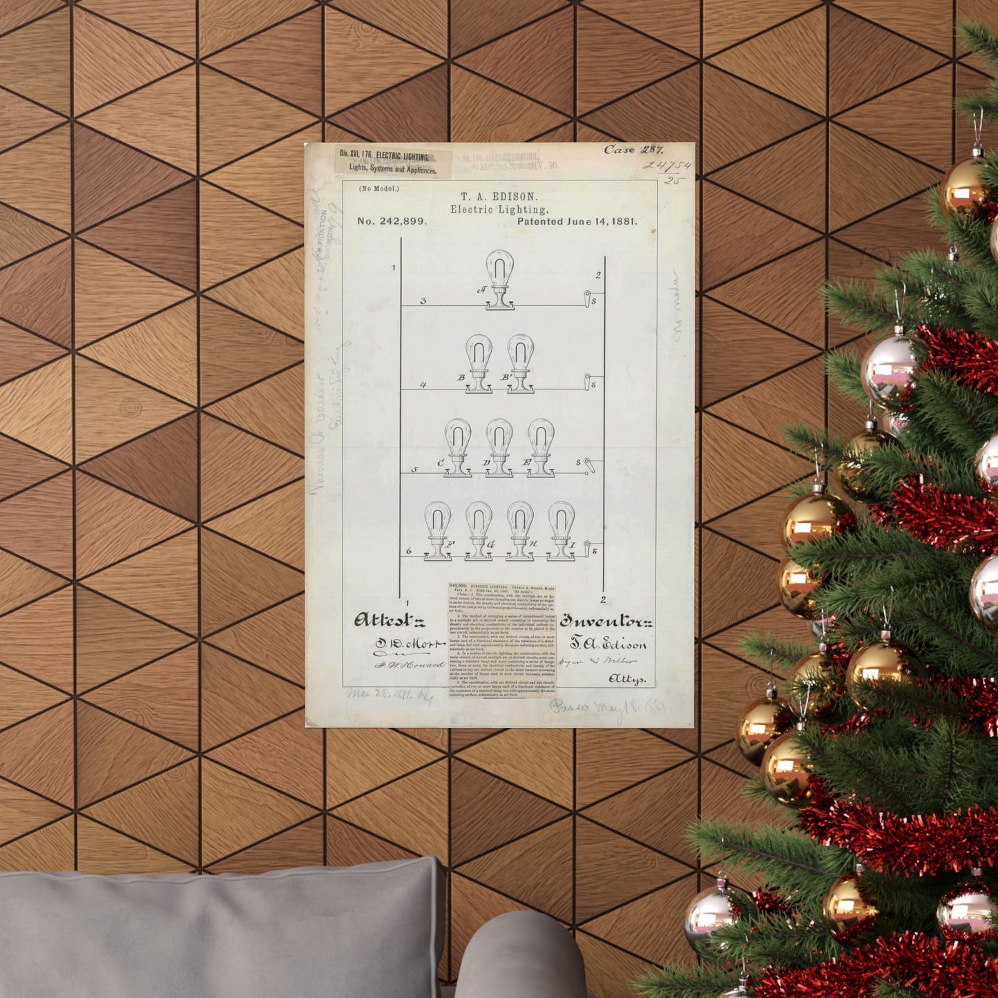 Patent drawing - for T. A. Edison's Electric Lighting Public domain  image High Quality Matte Wall Art Poster for Home, Office, Classroom