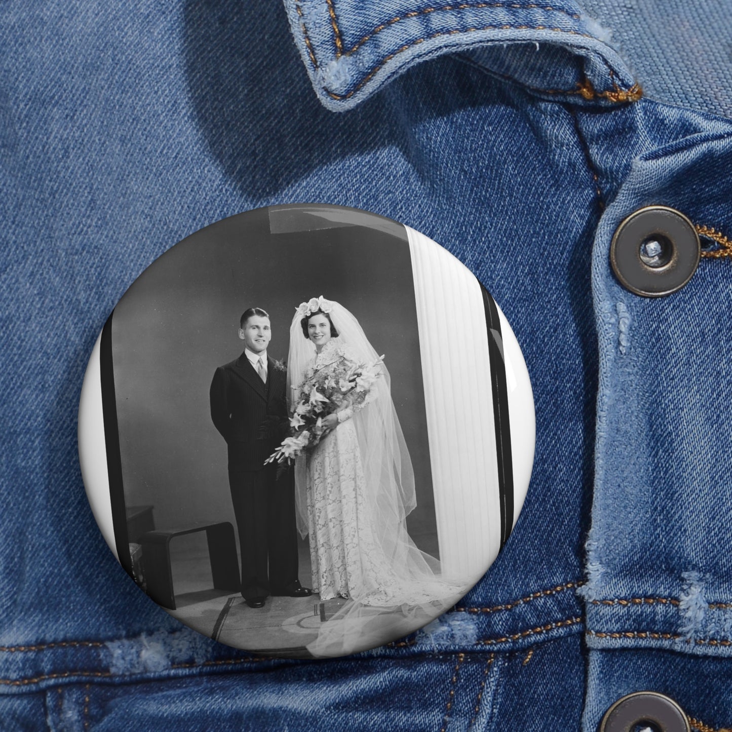 Atkins-Plummer wedding: the bride and groom Pin Buttons with Crisp Design