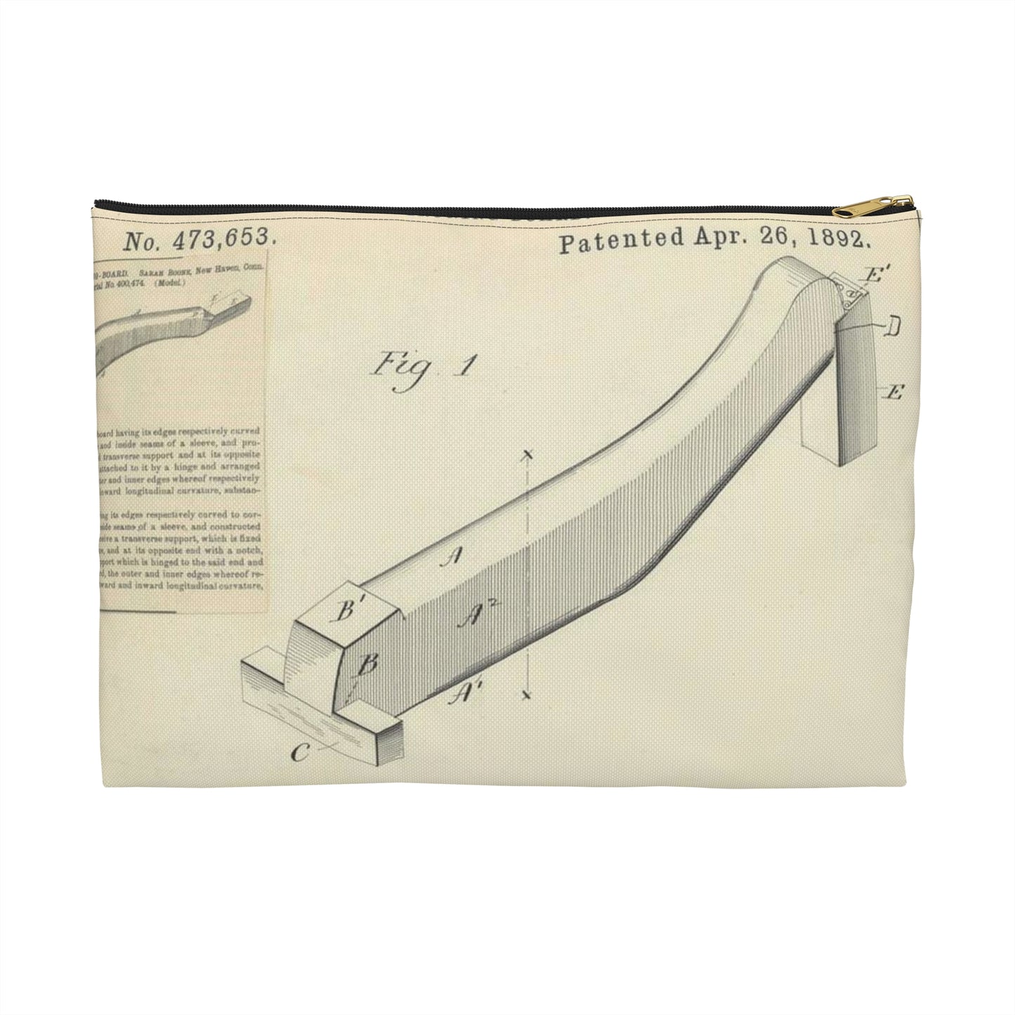 Patent drawing - for S. Boone's Ironing Board Public domain  image Large Organizer Pouch with Black Zipper