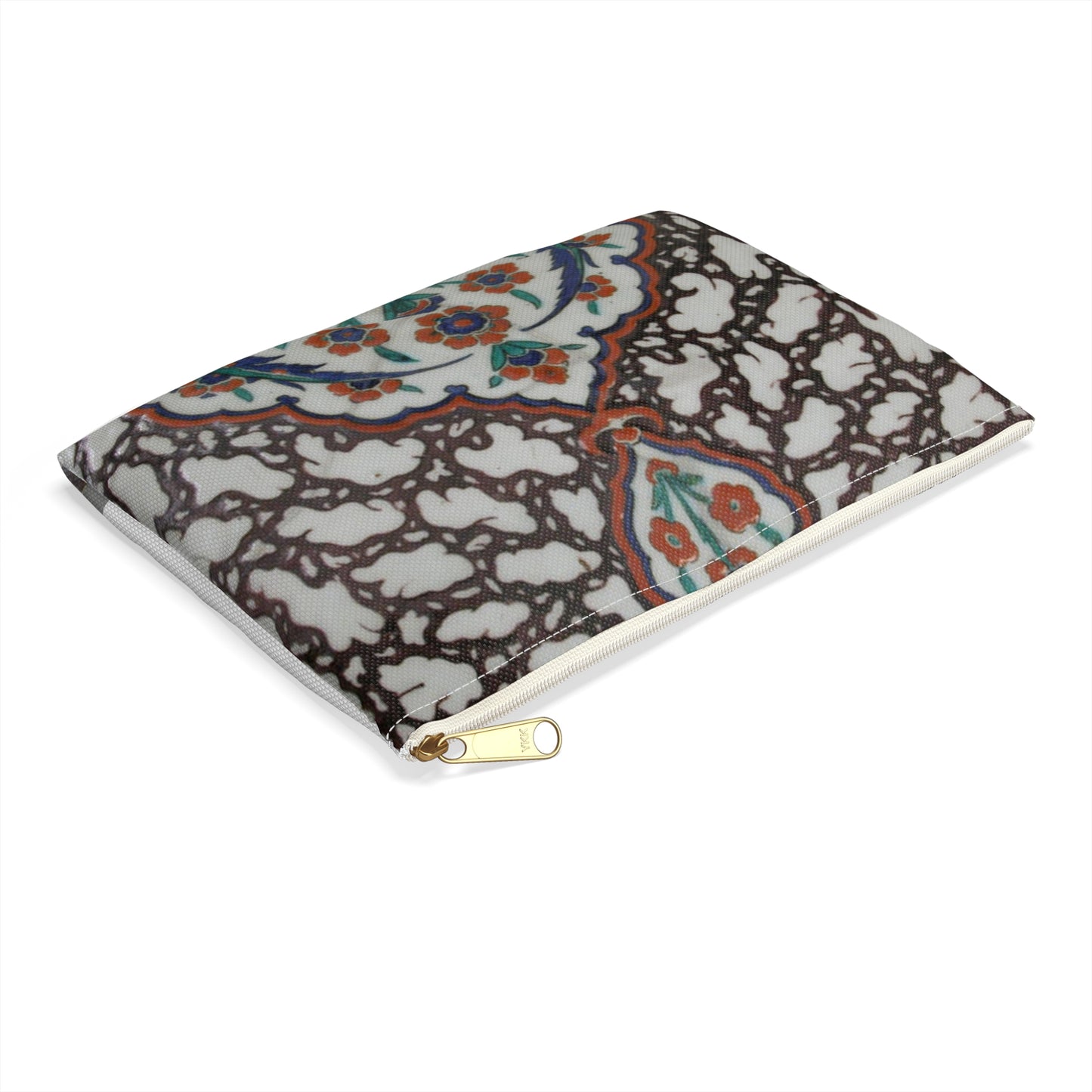 Tile with Floral Cartouche Design on Ebru (Marble Imitation Pattern) Background Large Organizer Pouch with Black Zipper