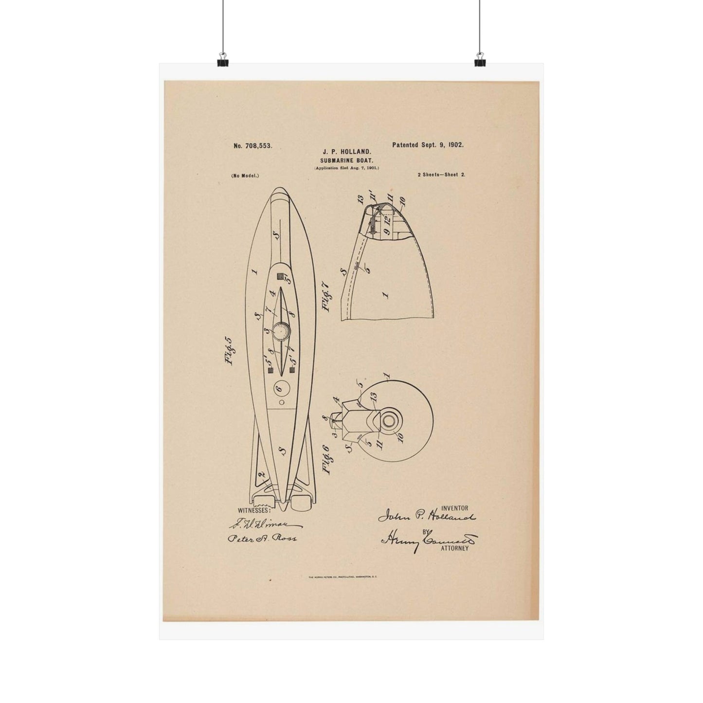 Patent drawing - Drawing for a Submarine Boat Public domain  image High Quality Matte Wall Art Poster for Home, Office, Classroom